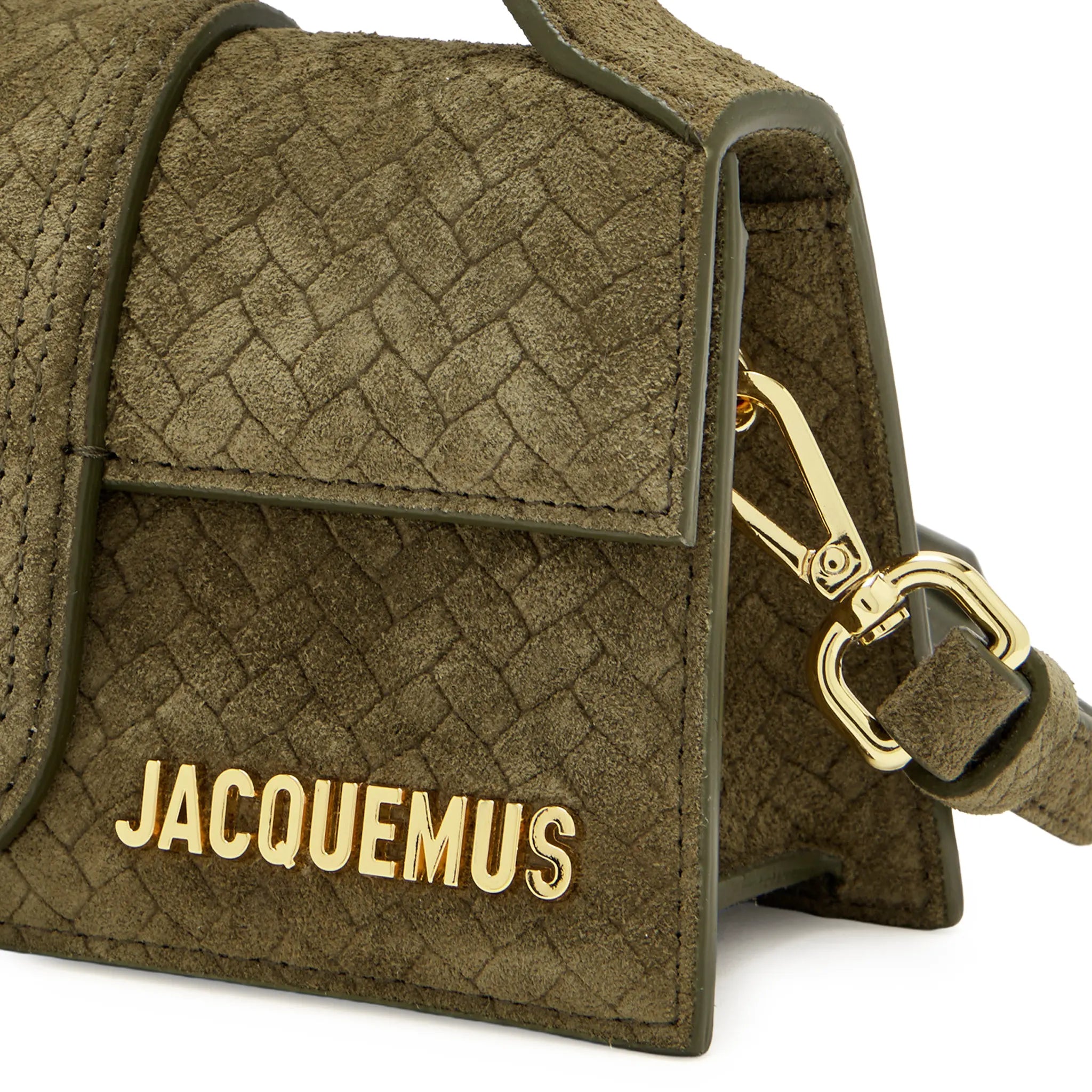 Detailed View of Jacquemus Le Bambino Khaki Suede Top Handle Bag BAW00006 AC39A02-560